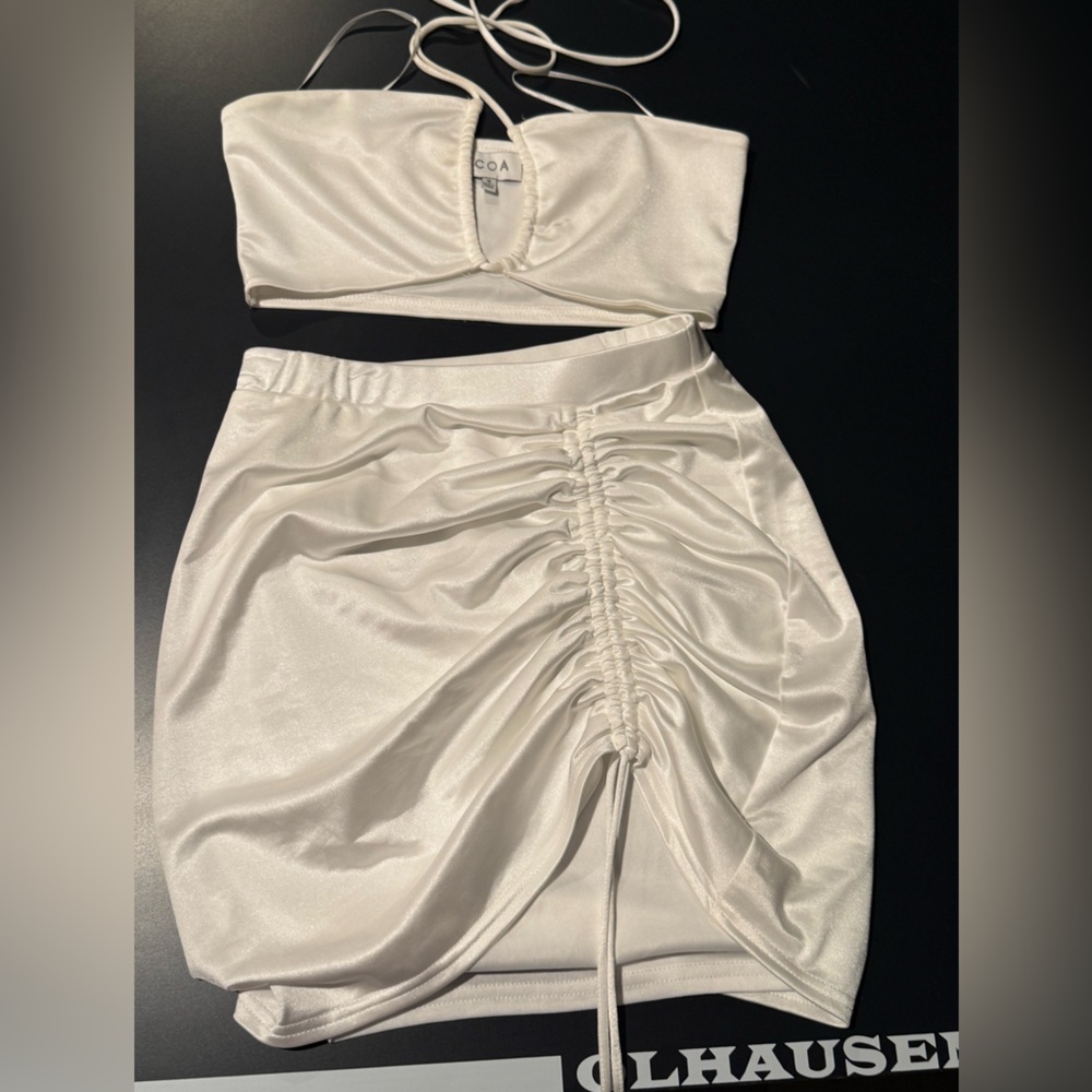 White Ruched Satin Top and Skirt Set